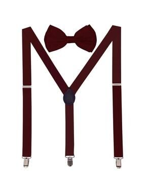 Men AB Elastic Band Burgundy Suspender With Maching Polyester Bowtie